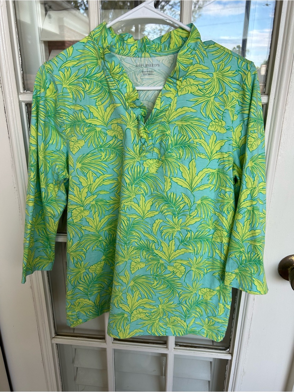 Appleseed's Tropical Leaf Button-Down in Aqua & Lime